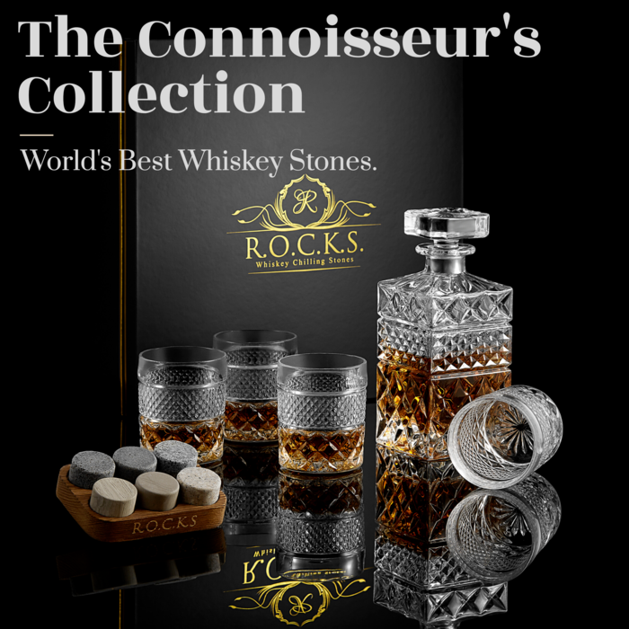 ROCKS™ Whiskey Decanter Geschenkset – 650 ml Karaffe, 2 Kristallgläser & 6 Granit Kühlsteine