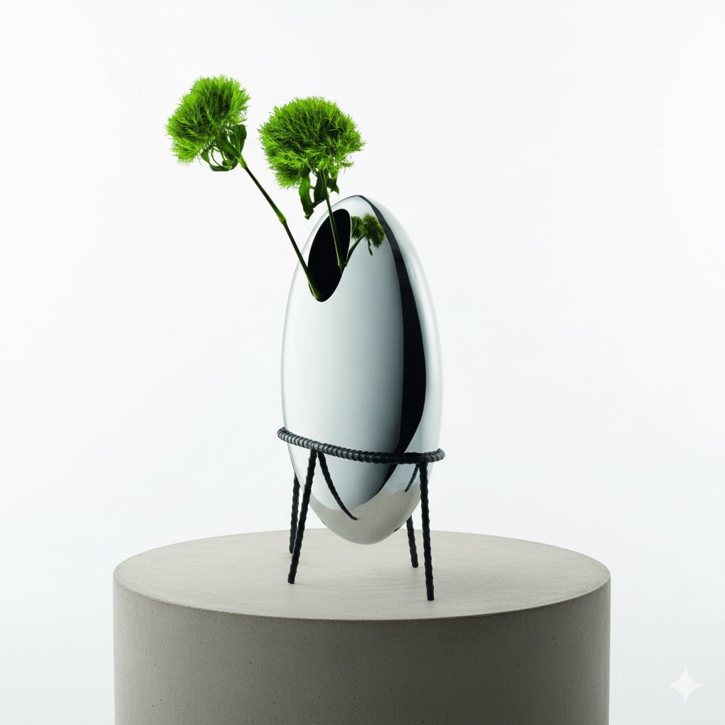 ELIA Vase mit Lederständer – Designvase aus Edelstahl, vertikal & horizontal einsetzbar