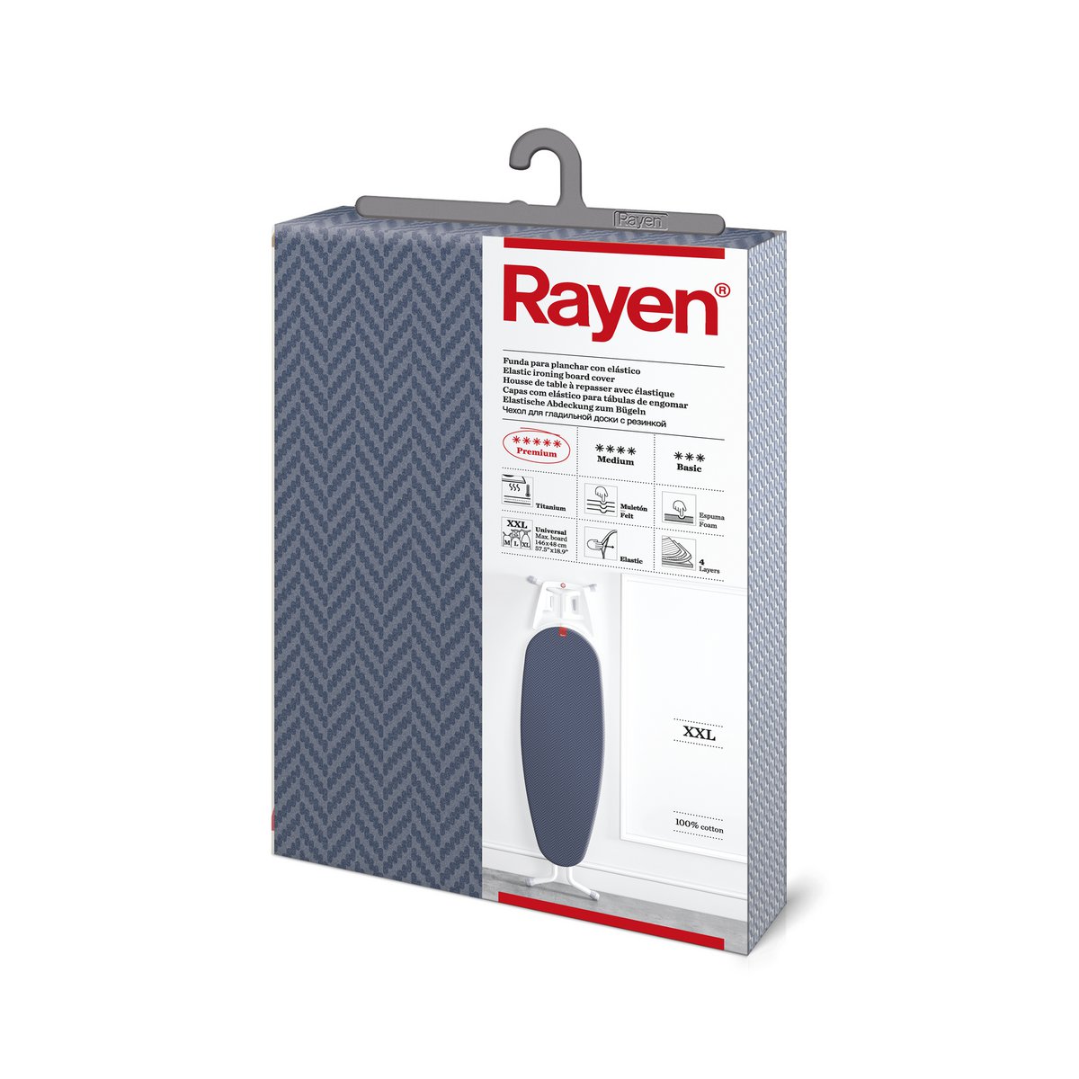 Rayen Bügelbrettbezug – XXL 146x48 cm, hitzebeständig, Schaumstoffschicht, 100 % Baumwolle