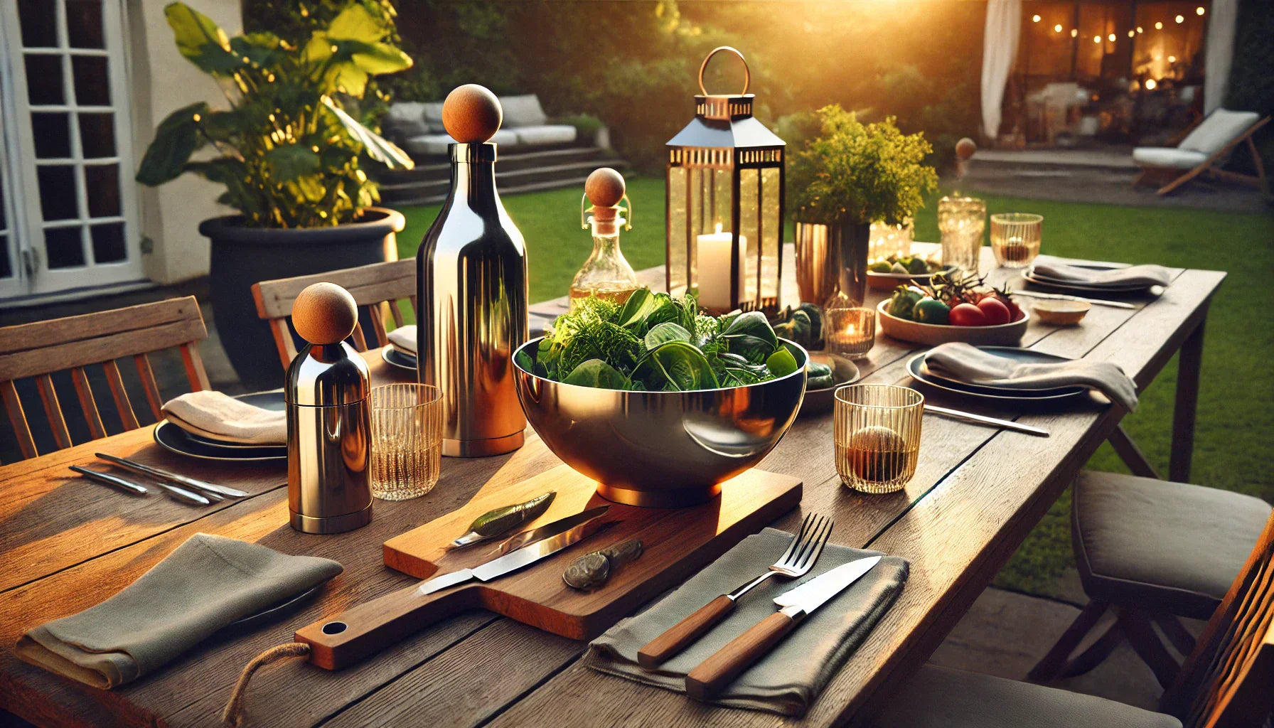 Stilvoll gedeckter Gartentisch für die Grillsaison mit Edelstahl-Salatschale, Messer-Set, Karaffe und Windlichtern – BBQ-Designszene im Sommer