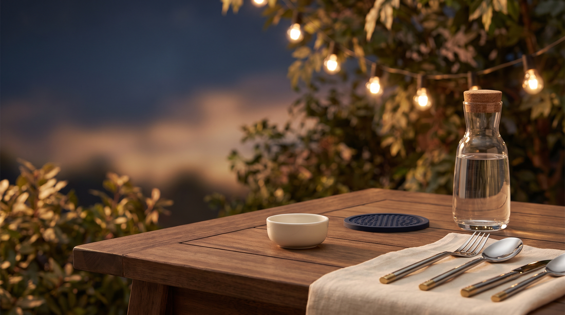 Gedeckter Gartentisch mit Dip-Schale, Karaffe und Grillzubehör bei goldenem Abendlicht