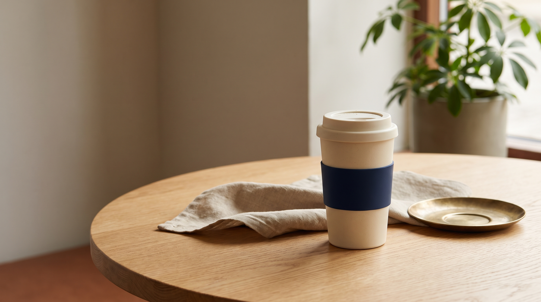 Wiederverwendbarer Ecoffee Cup aus PLA auf einem Cafe-Tisch im Morgenlicht