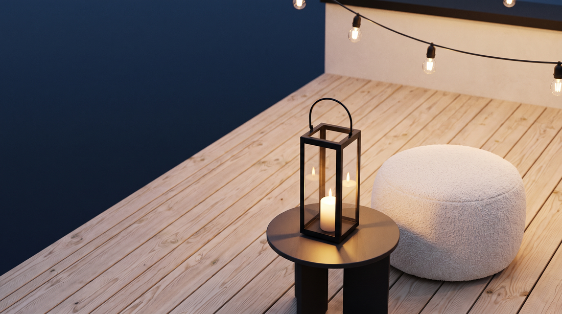 Skandinavisch gestylte Terrasse mit Laterne und Sitzpouf in der Dämmerung
