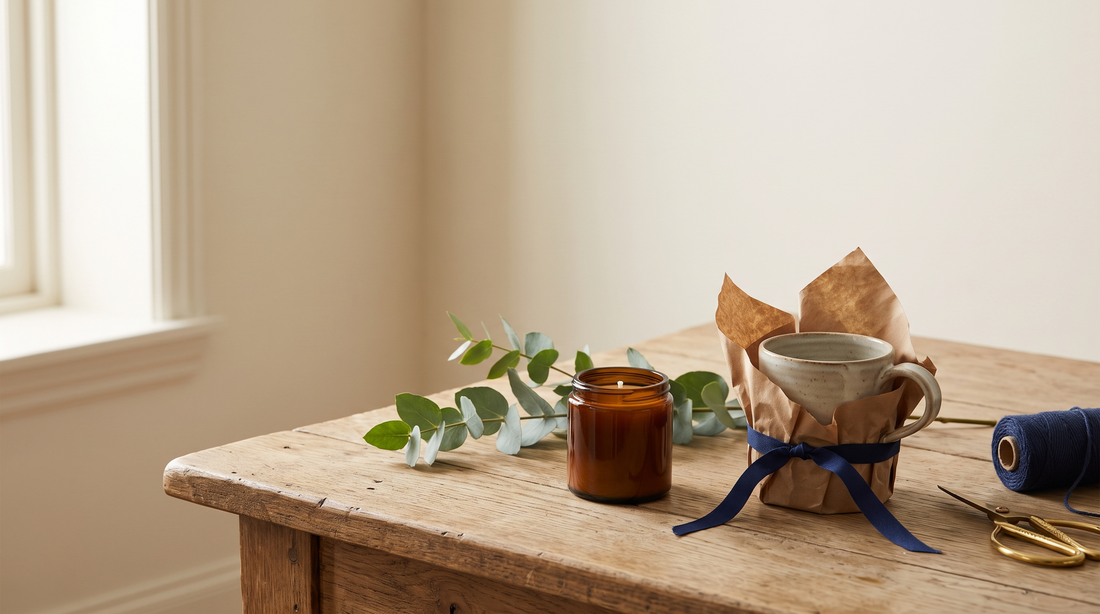 Eingepacktes Gastgeschenk mit Duftkerze und Keramiktasse auf Holztisch