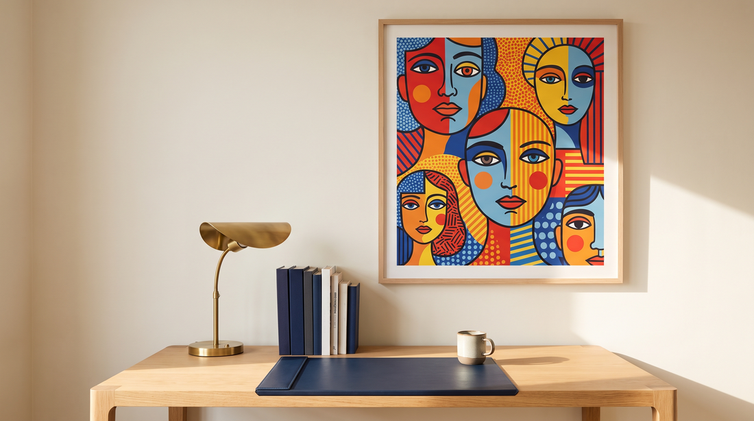 Farbenfrohes Pop-Art-Wandbild ueber einem Schreibtisch im Homeoffice