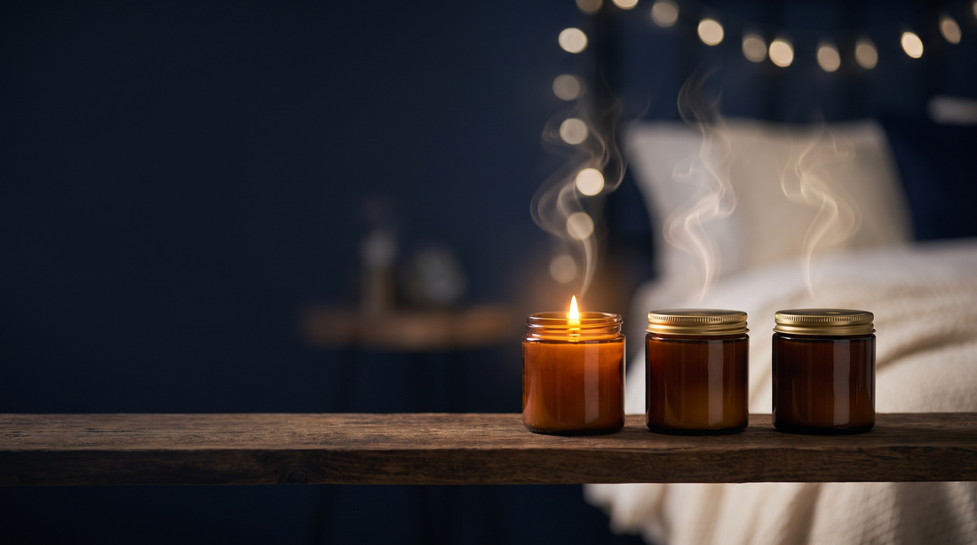 Drei warm leuchtende Duftkerzen in Glaesern auf einem Holzregal