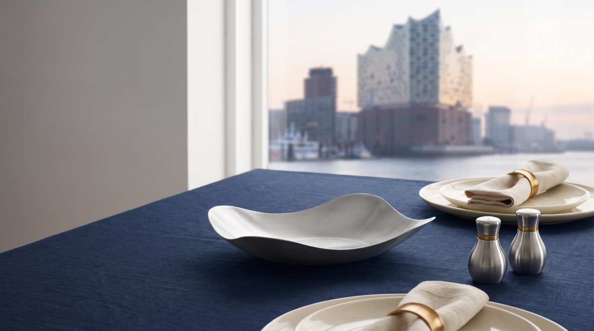 Elegantes maritimes Tischgedeck mit wellenfoermiger Edelstahlschale vor Hamburg-inspirierter Kulisse