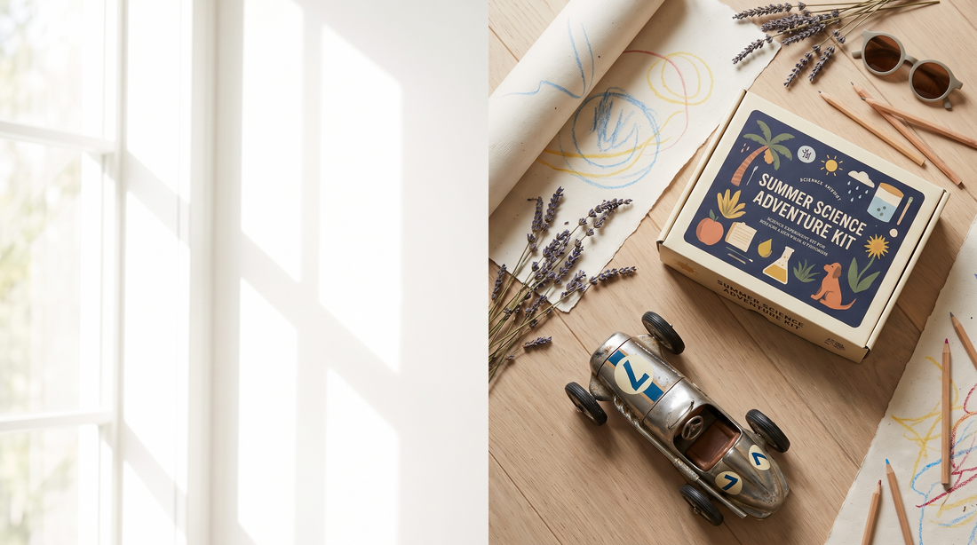 Bunte Sommerferien-Flatlay mit Experimentierkasten, Zauberkasten, Roboterhand und Malrolle als Geschenkideen für Kinder
