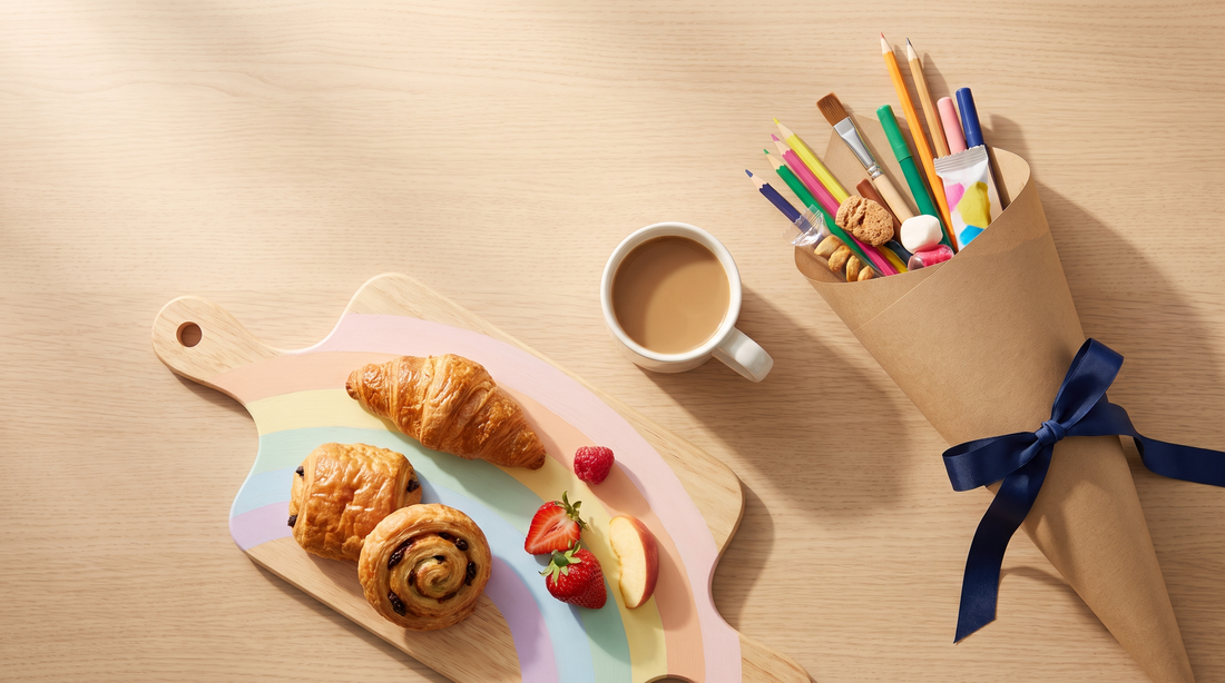 Schön arrangierte Einschulungs-Geschenke mit Frühstücksbrettchen, Keramiktasse und Experimentierkasten auf einem Holztisch