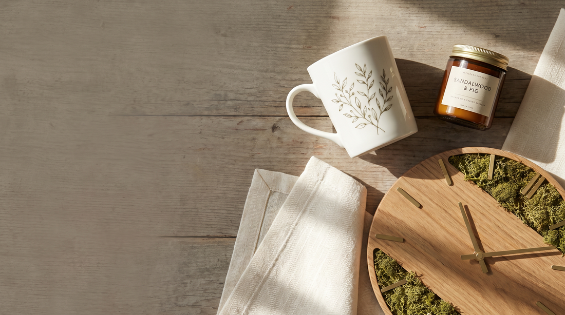 Stilvolles Geschenkarrangement für Frauen mit Keramiktasse, Duftkerze und weichem Textil auf hellem Untergrund