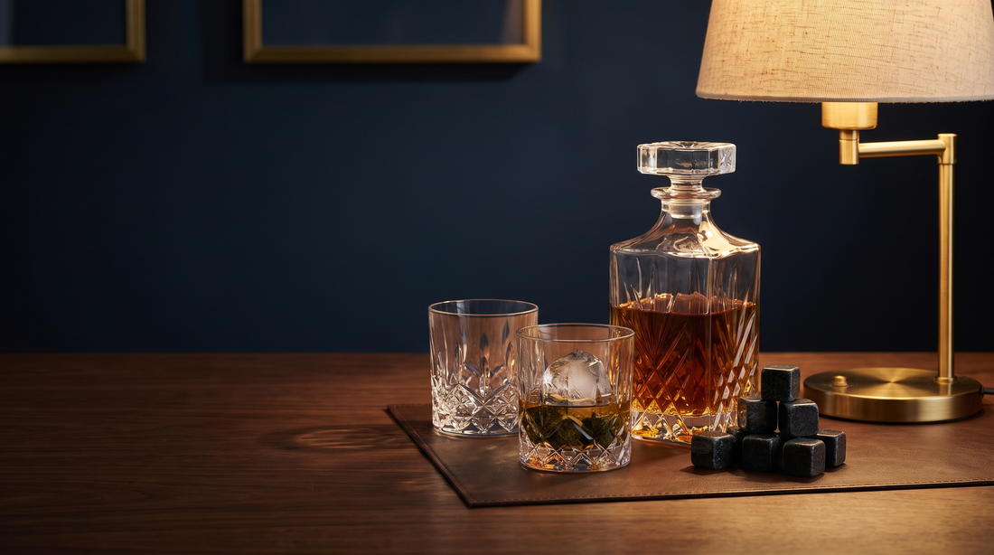 Maskuline Geschenkflatlay mit Whiskeyglas, Granit-Kühlsteinen und Grillbesteck aus Walnussholz auf dunklem Untergrund