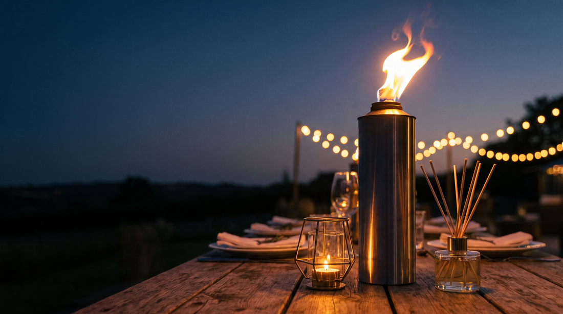 Festliche Abend-Tischdeko mit brennender Edelstahl-Tischfackel und Teelichthalter in Dämmerungsstimmung