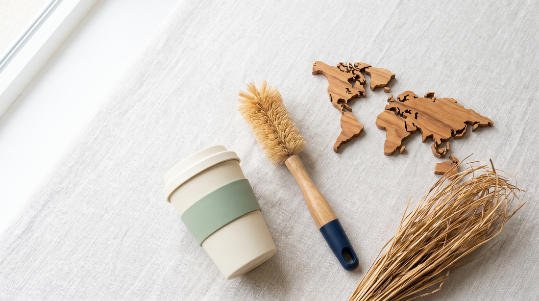 Nachhaltige Geschenkideen aus Naturmaterialien: wiederverwendbarer Kaffeebecher, Holz-Wanddeko und Haushaltsbürste