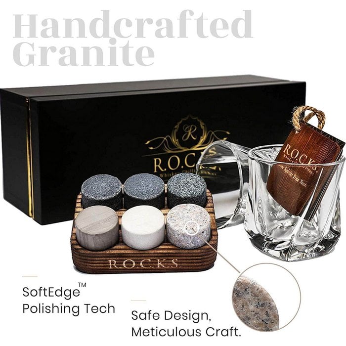 ROCKS Connoisseur’s Whiskey Geschenkset – Twist Kristallgläser & 6 Granit Kühlsteine in Goldfolien-Box
