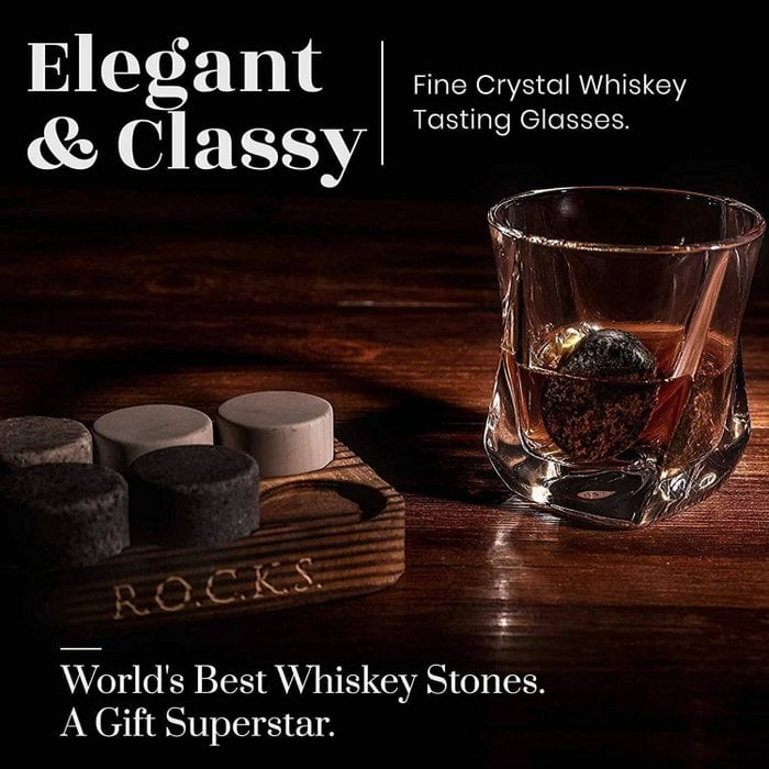ROCKS Connoisseur’s Whiskey Geschenkset – Twist Kristallgläser & 6 Granit Kühlsteine in Goldfolien-Box