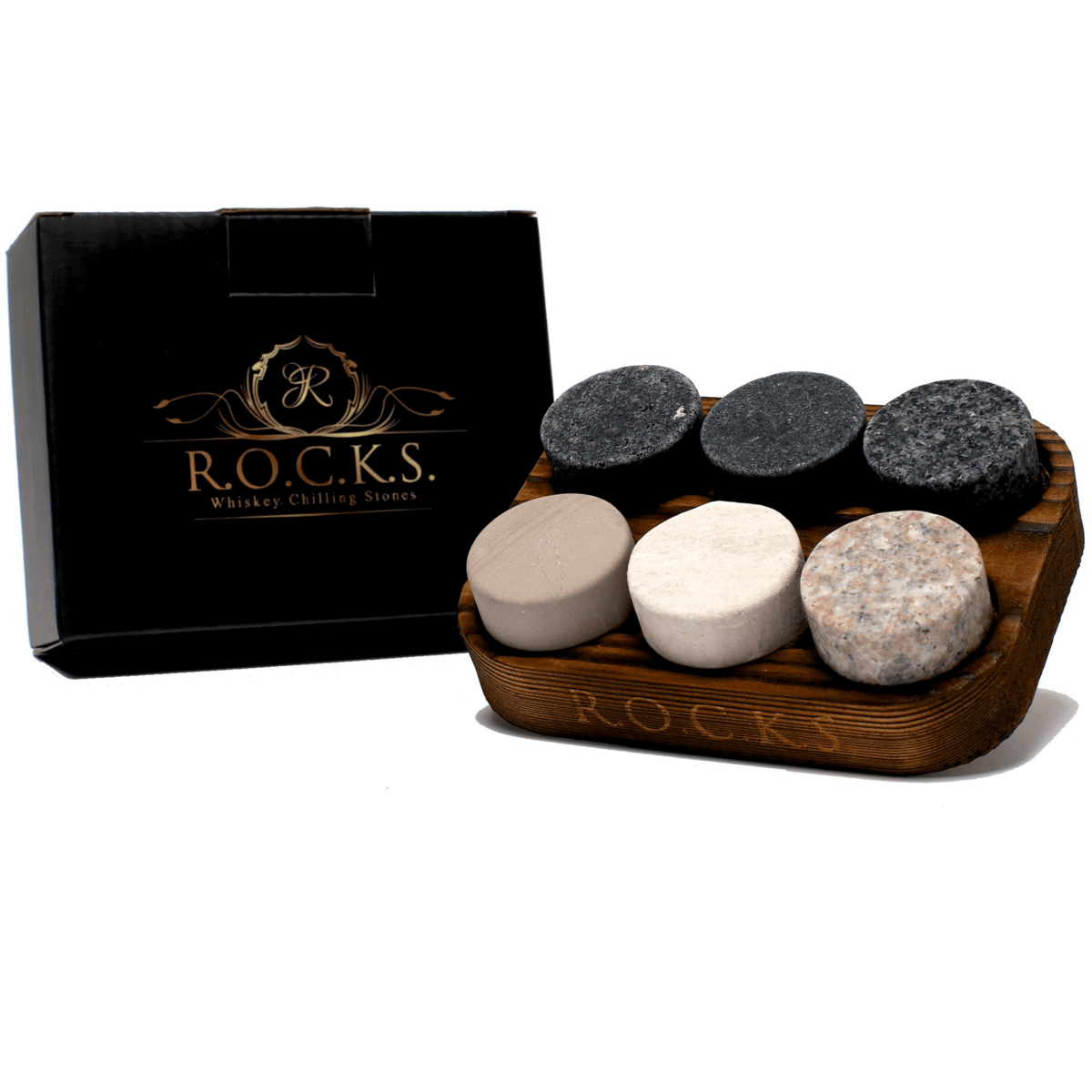 Whiskey Kühlsteine aus Naturgranit – Rundes 6er‑Set in Premium‑Geschenkbox