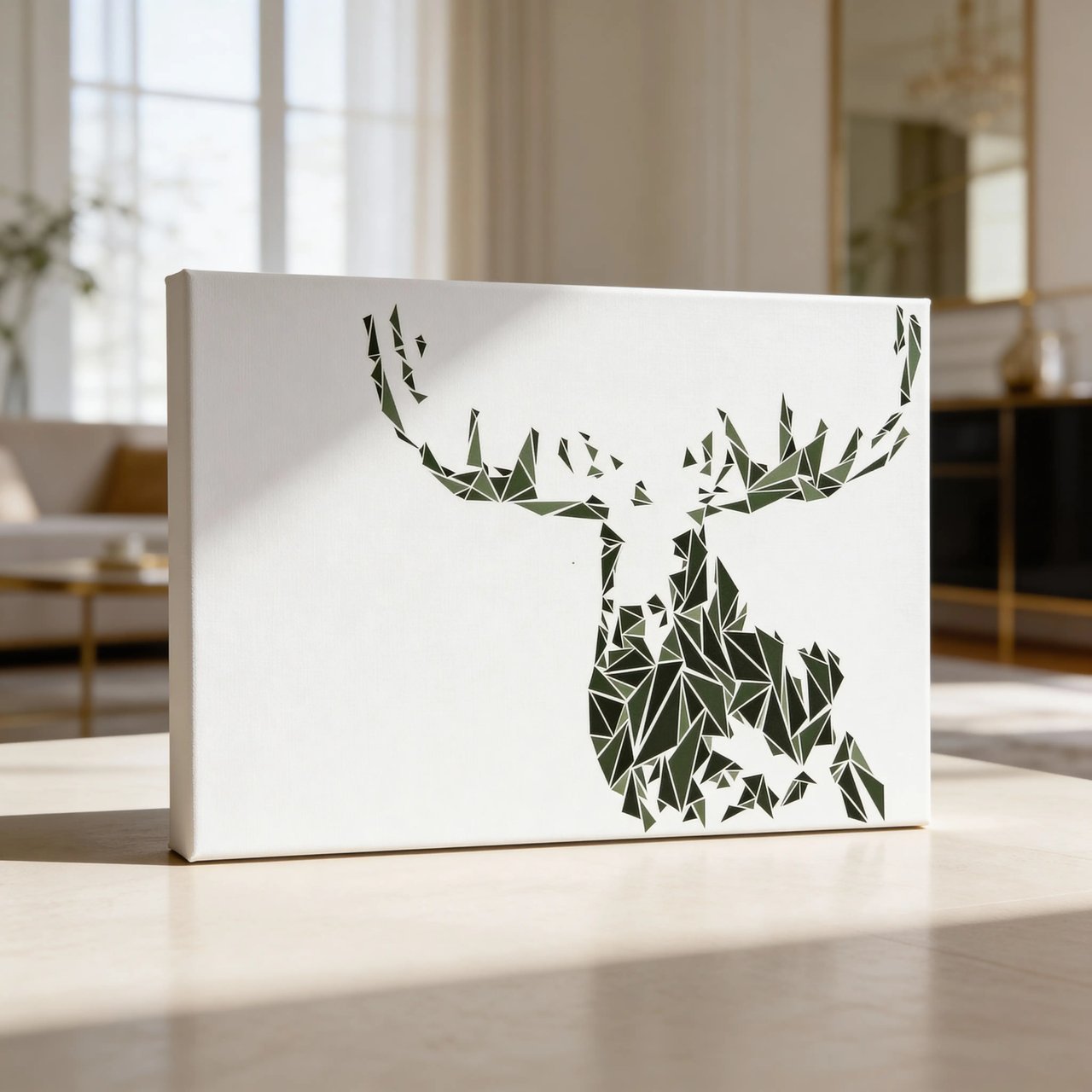 Leinwandbild Hirsch Geometrisch - Low Poly Wandkunst in Grün & Weiß