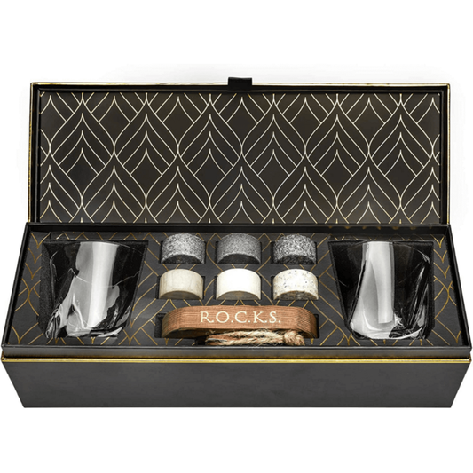 ROCKS Connoisseur’s Whiskey Geschenkset – Twist Kristallgläser & 6 Granit Kühlsteine in Goldfolien-Box
