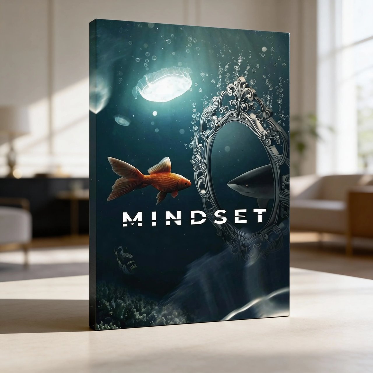 Hustling Sharks Mindset Leinwandbild mit weißer Schattenfuge 30x45cm