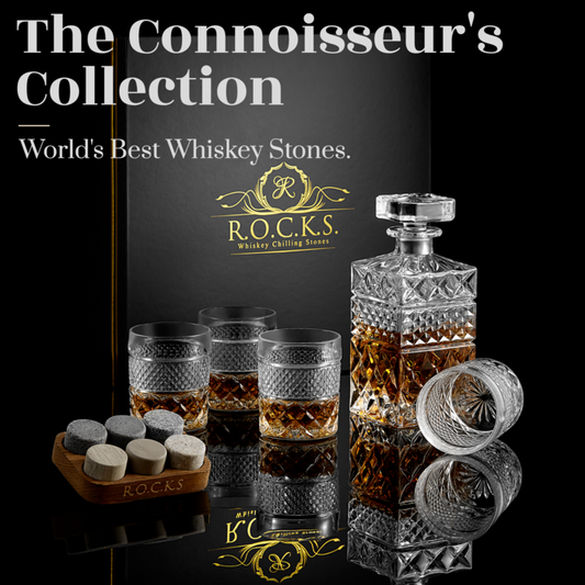 ROCKS™ Whiskey Decanter Geschenkset – 650 ml Karaffe, 2 Kristallgläser & 6 Granit Kühlsteine