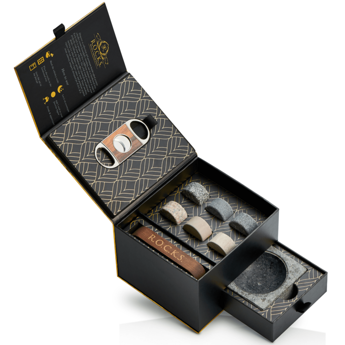 ROCKS™ Gentleman’s Whiskey & Cigar Geschenkset – Granit Aschenbecher, Cutter & 6 Kühlsteine