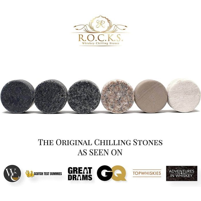 ROCKS Connoisseur’s Whiskey Geschenkset – Twist Kristallgläser & 6 Granit Kühlsteine in Goldfolien-Box