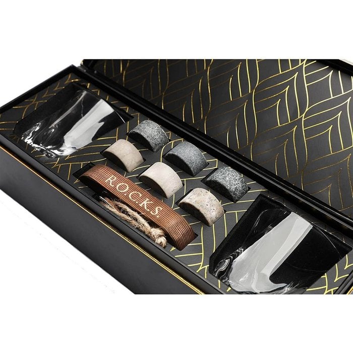 ROCKS Connoisseur’s Whiskey Geschenkset – Twist Kristallgläser & 6 Granit Kühlsteine in Goldfolien-Box