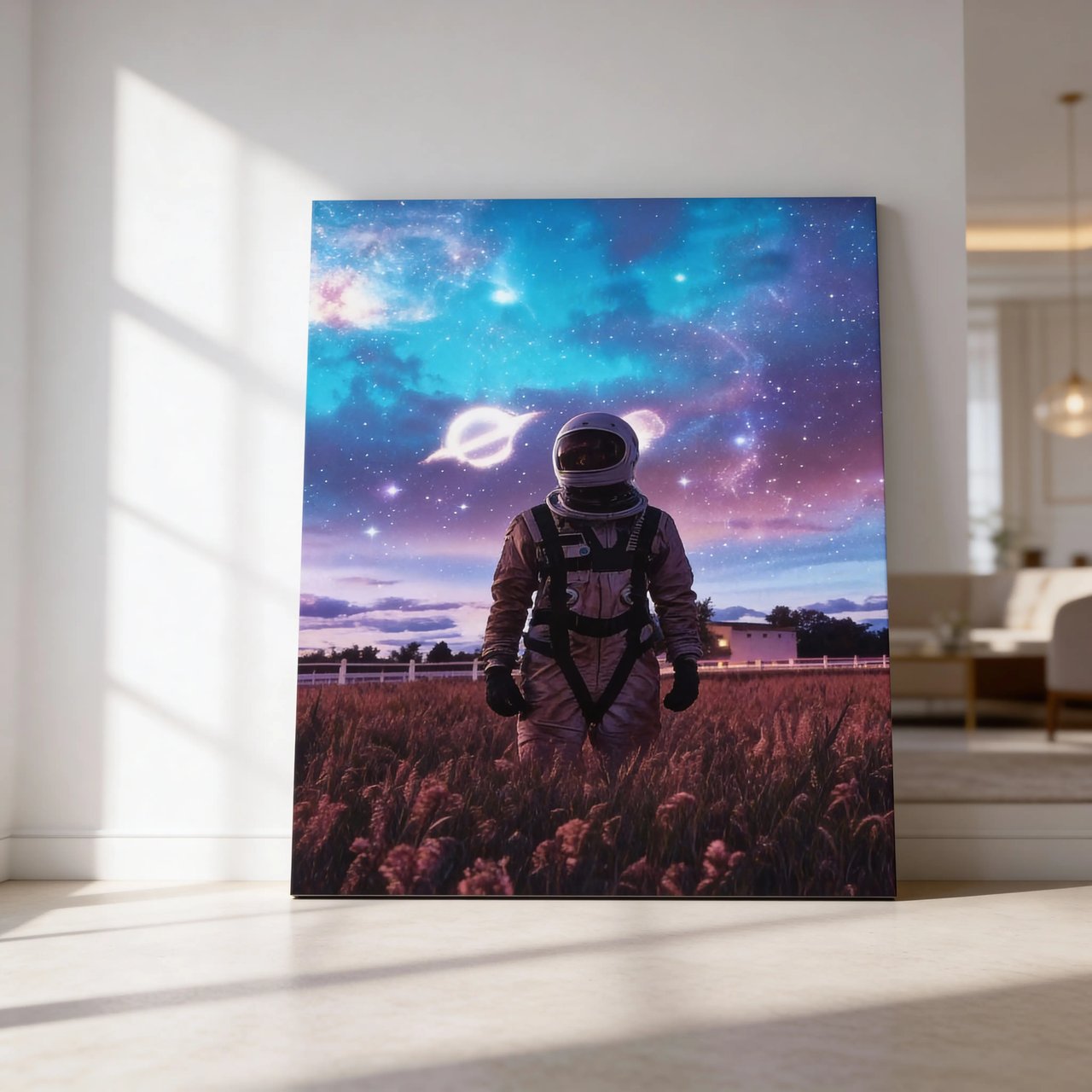 Hustling Sharks Cheers Leinwandbild mit Schattenfuge Weiß Astronaut