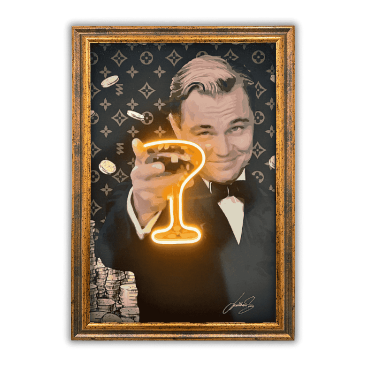 LEDMansion Leonardo DiCaprio Champagner LED Wandbild Pop-Art 40x60cm