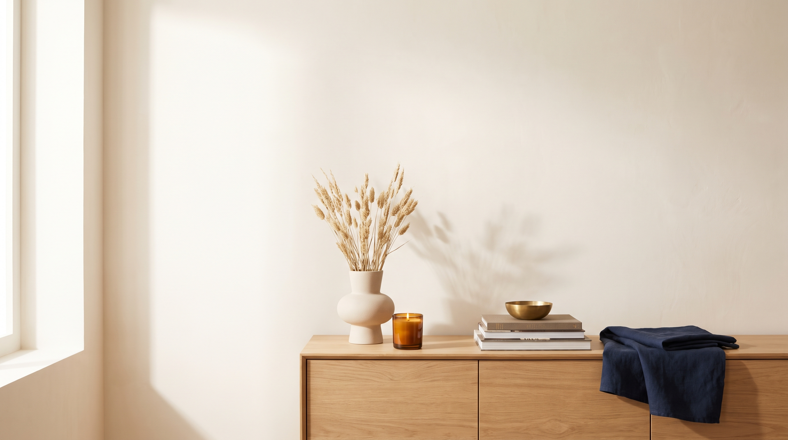 Warm gestyltes Sideboard mit Designgeschenken: Vase, Duftkerze im Bernsteinglas und Messingschale vor cremeweisser Wand