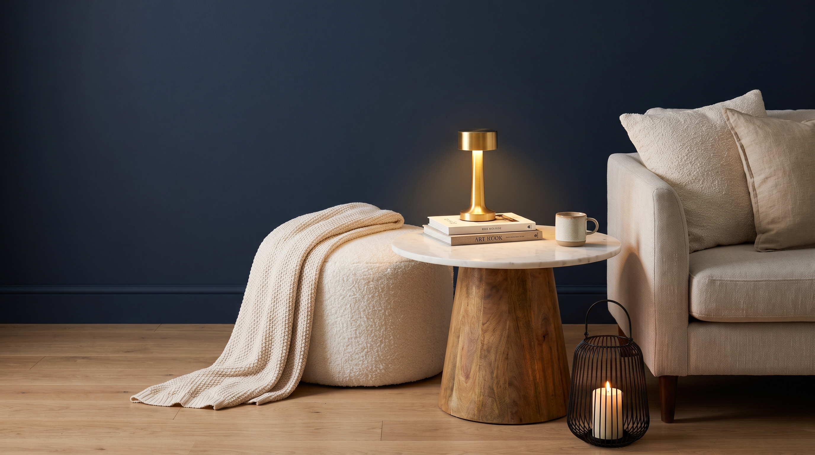 Skandinavische Wohnszene mit Marmor-Beistelltisch, Messinglampe und Teddy-Pouf vor tiefblauer Wand