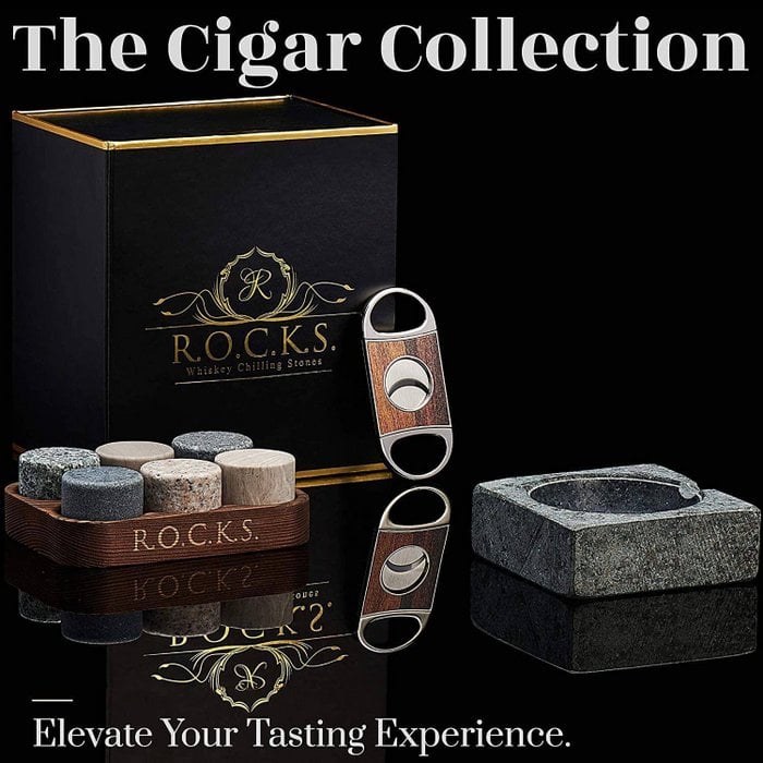 ROCKS™ Gentleman’s Whiskey & Cigar Geschenkset – Granit Aschenbecher, Cutter & 6 Kühlsteine